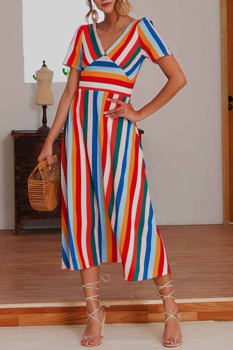 Florcoo V Neck Striped Women Love Midi Dress