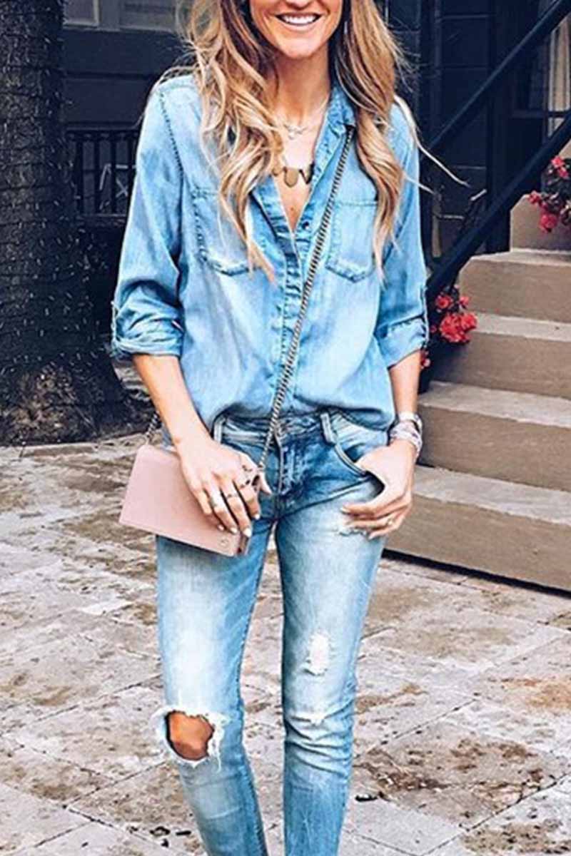 Florcoo Sexy Slim Washed Retro Denim Shirt