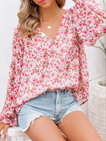 Casual V-Neck Floral Print Long Sleeve Blouse