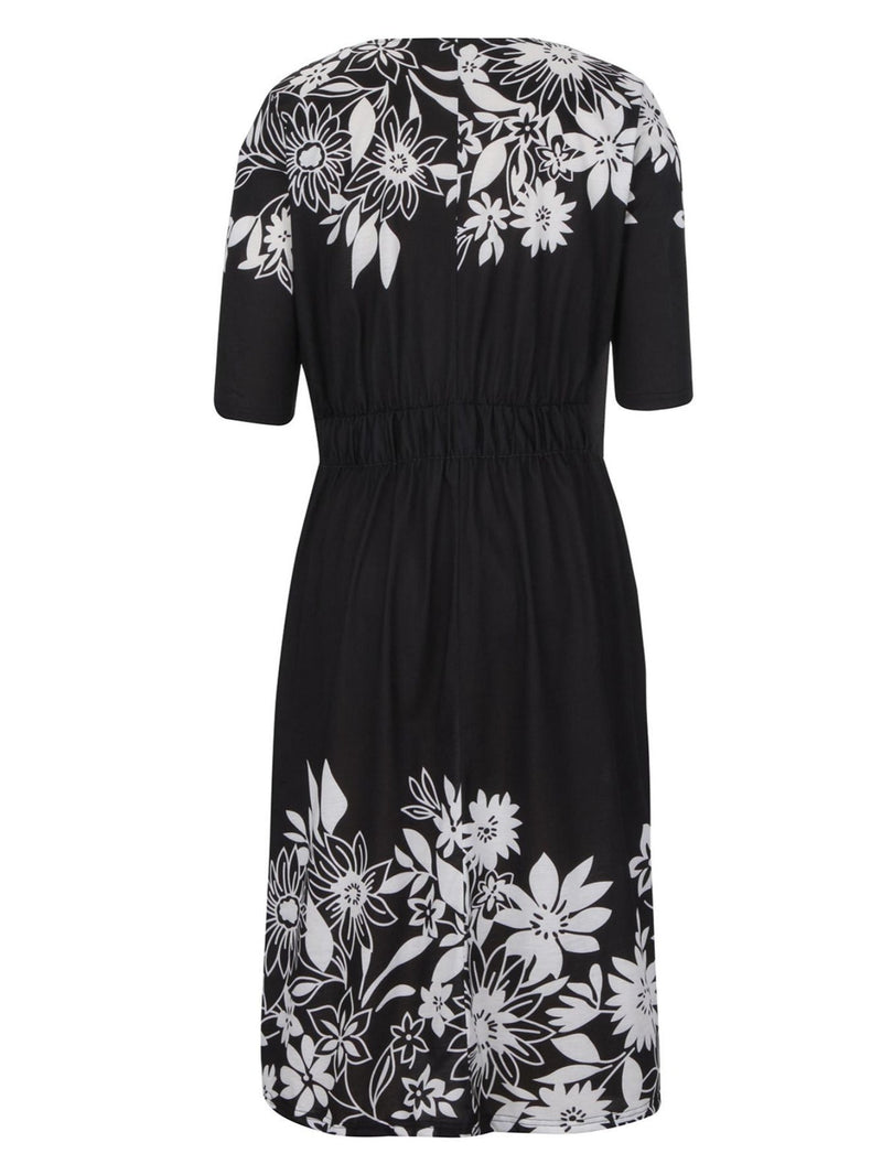 Casual Floral Printed Crew Neck Midi Dress