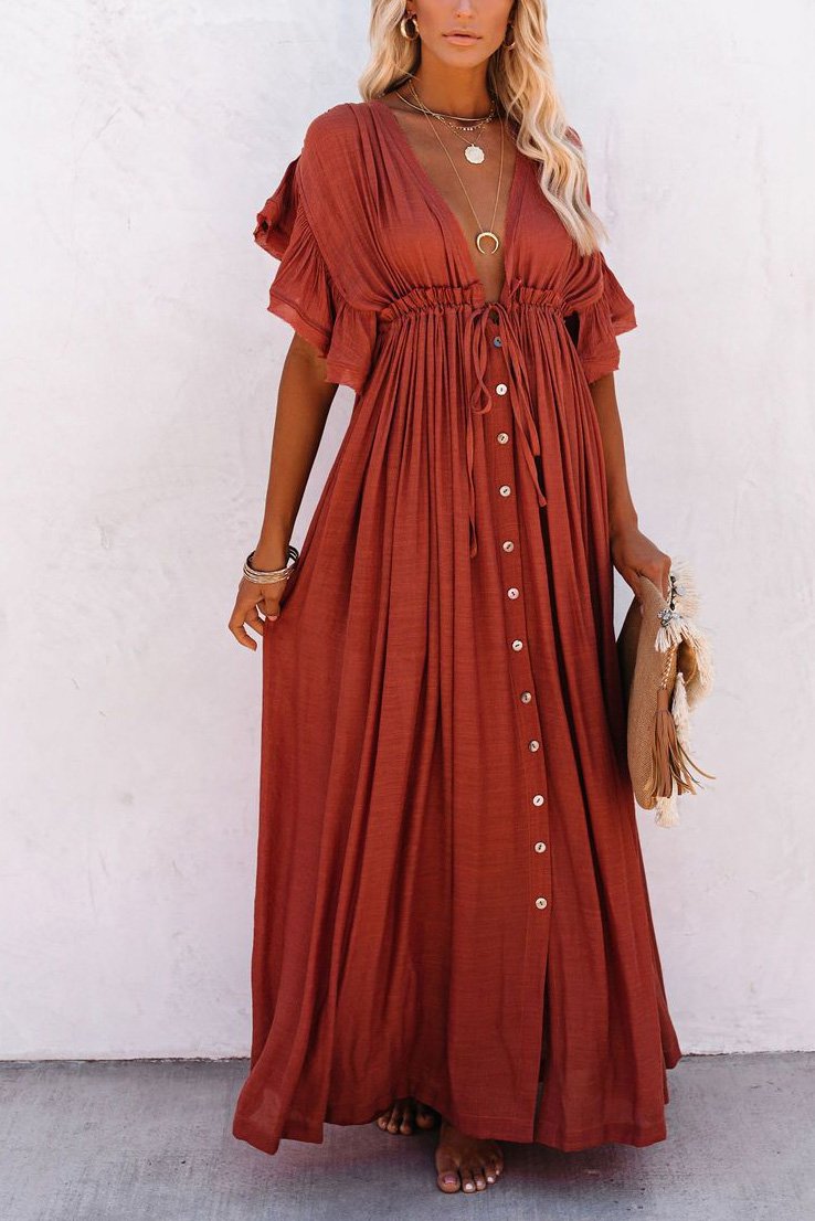 Solid Buttoned Waist Cord Maxi Dress