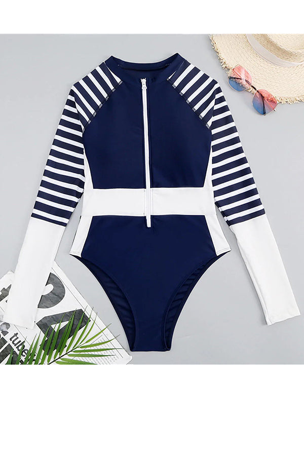 Ariel Zipper Long Sleeve Striped One Piece Swimsuit