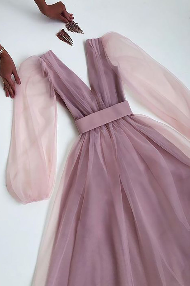 V Neck Tulle Long Sleeve Midi Dress