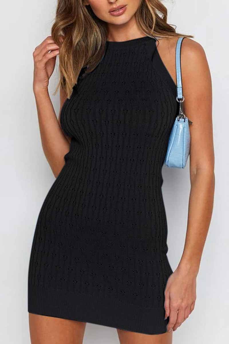 Florcoo Sexy Solid Color Sleeveless Striped Knitted Bag Hip Mini Dress