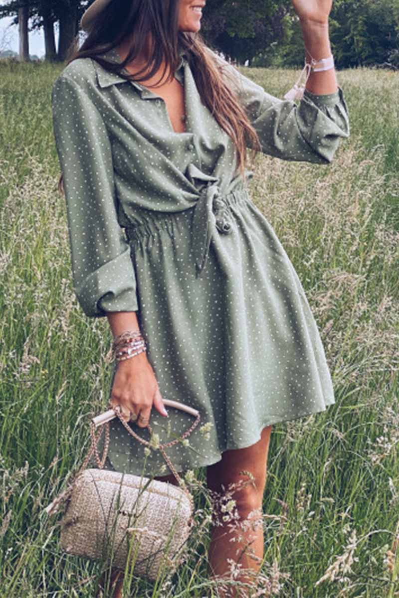 Florcoo Solid Color Polka Dot Shirt Collar Mini Dress