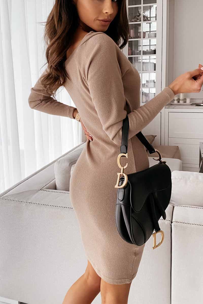 Florcoo V-Neck Sexy Mocha Slim Fit Mini Dress