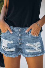 Florcoo New Washed Frayed Mid-Waist Three-Point Denim Shorts