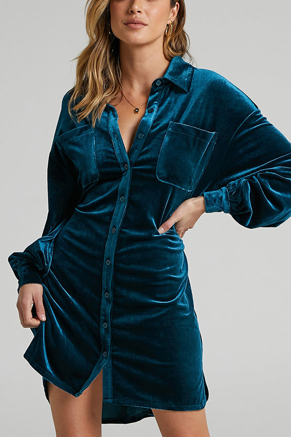 Time To Impress Velvet Belted Shirt Dress