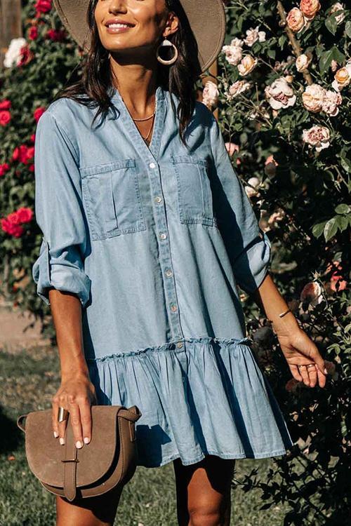 Frill Button Denim Mini Dress