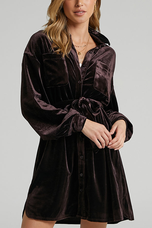 Time To Impress Velvet Belted Shirt Dress