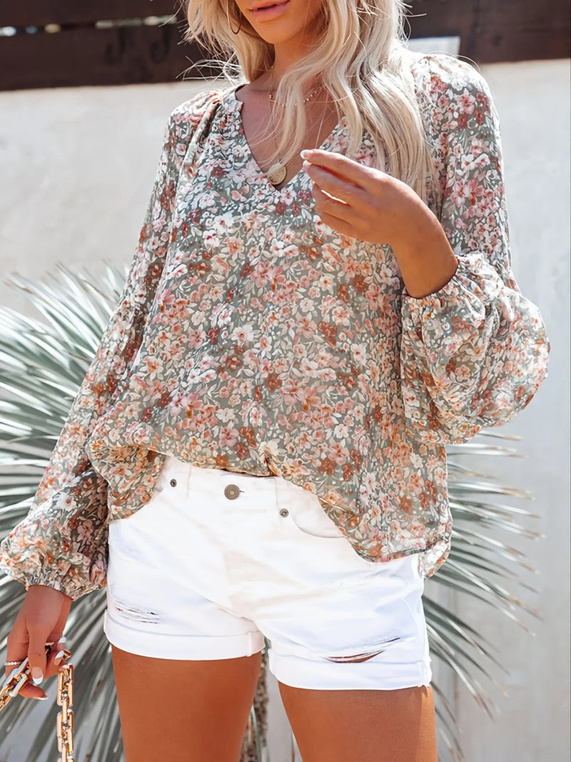 Casual V-Neck Floral Print Long Sleeve Blouse