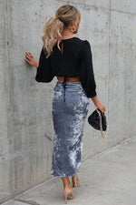 Wonderful Life Velvet Ruched Slit Maxi Skirt