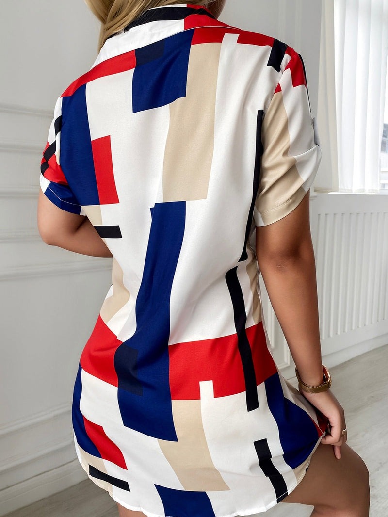 Multicolor Print Mondrian Short Sleeve Mini Dress