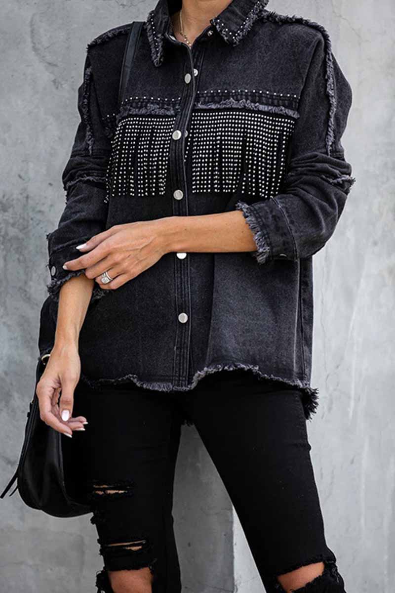 Florcoo Long Sleeve Fringed Denim Jacket Tops