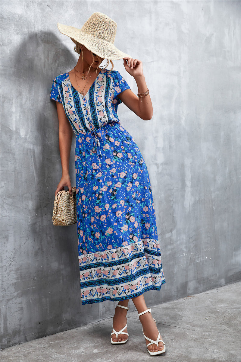 Cap Sleeve V Neck Casual Maxi Dress