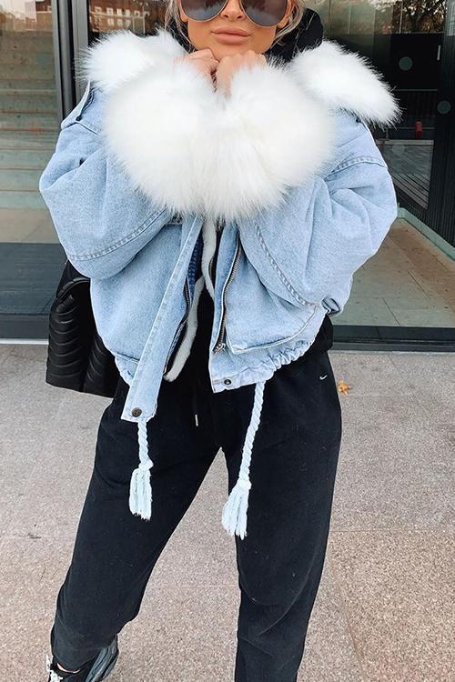 Detachable Fuzzy Faux Fur Collar Denim Coat