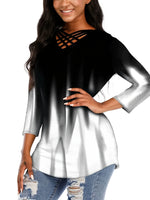 Criss Cross Neck Gradient Color Medium Sleeve T-shirt