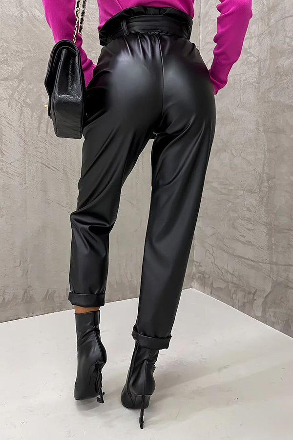 Novakiki The Dash Petal Waist Pocketed Faux Leather Pants