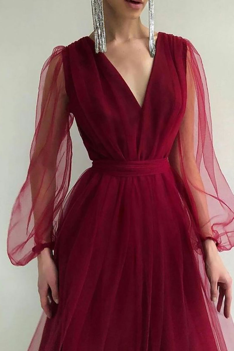 V Neck Tulle Long Sleeve Midi Dress