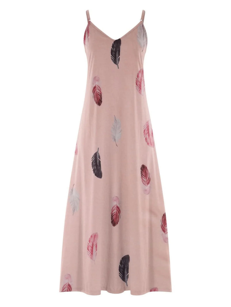 Sleeveless Slim Fit Feather Print Low Cut V-Neck Dresses