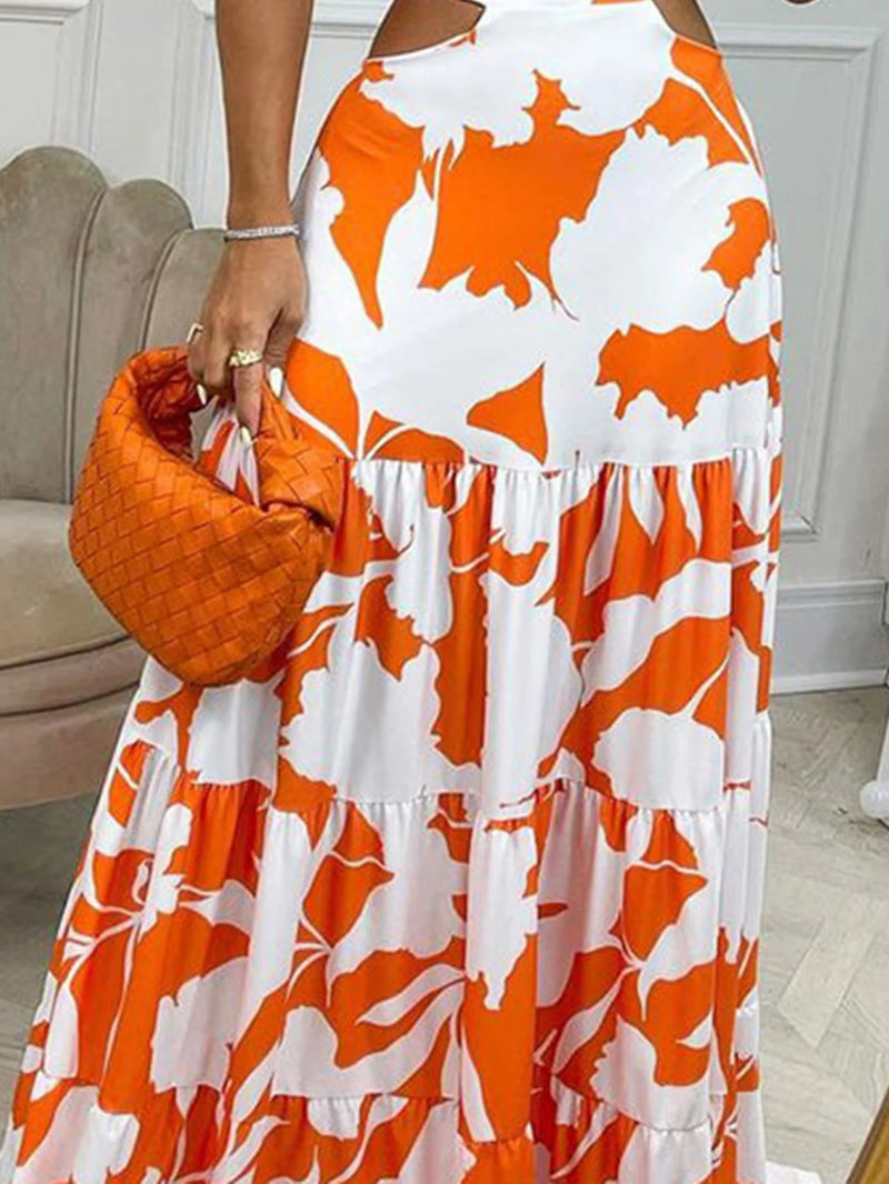 Tropical Print Off Shoulder Cut Out Maxi Dress