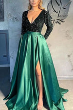 Gorgeous Long Sleeves V-Neck Sequins Satin Prom Dress