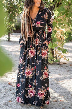 Floral Print V Neck Long Sleeve Maxi Dress