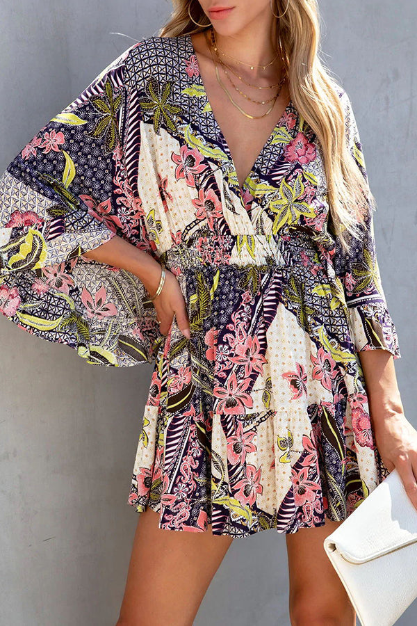 Last Minute Printed Bell Sleeve Mini Dress