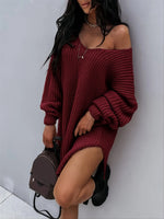 Fashion Lantern Sleeve Knitted V-neck Loose Sweater