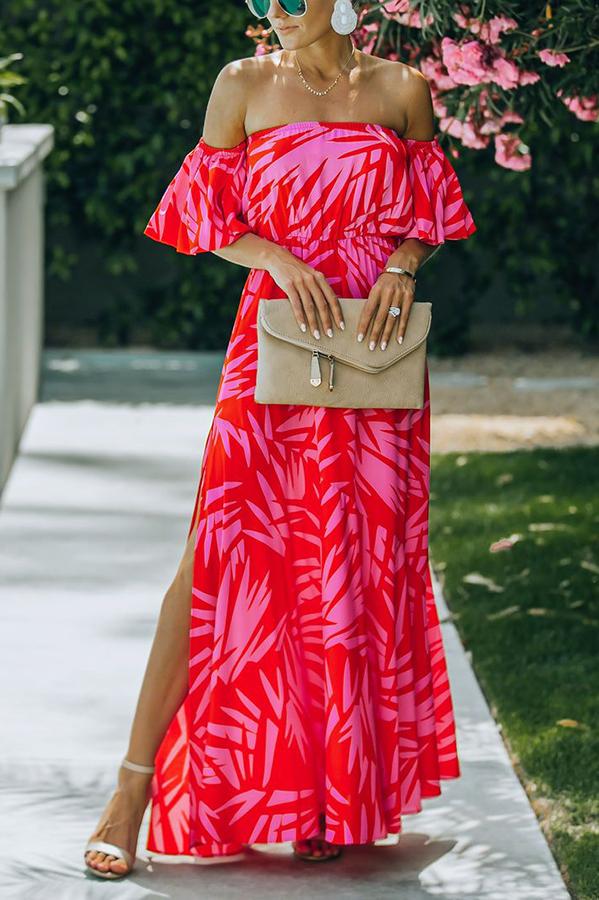 Royal Villa Palm Print Off The Shoulder Maxi Dress