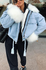 Detachable Fuzzy Faux Fur Collar Denim Coat