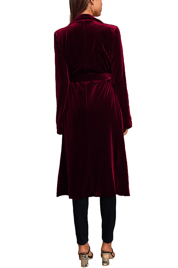 Downtown Elegance Pocketed Belt Velvet Midi Coat