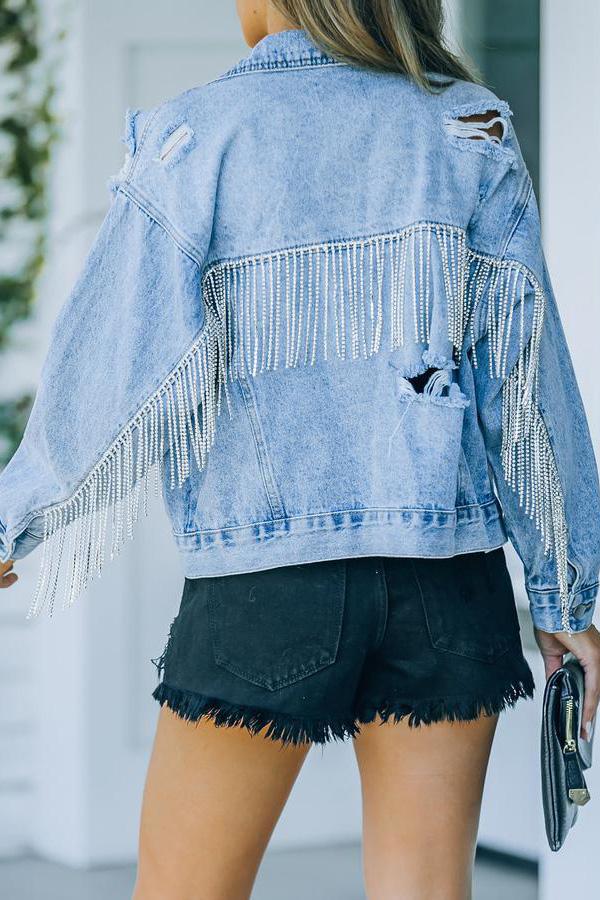 Quentin Rhinestone Fringe Denim Jacket