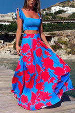 Square Collar Ruffle Crop Top Maxi Swing Skirt Printed Set