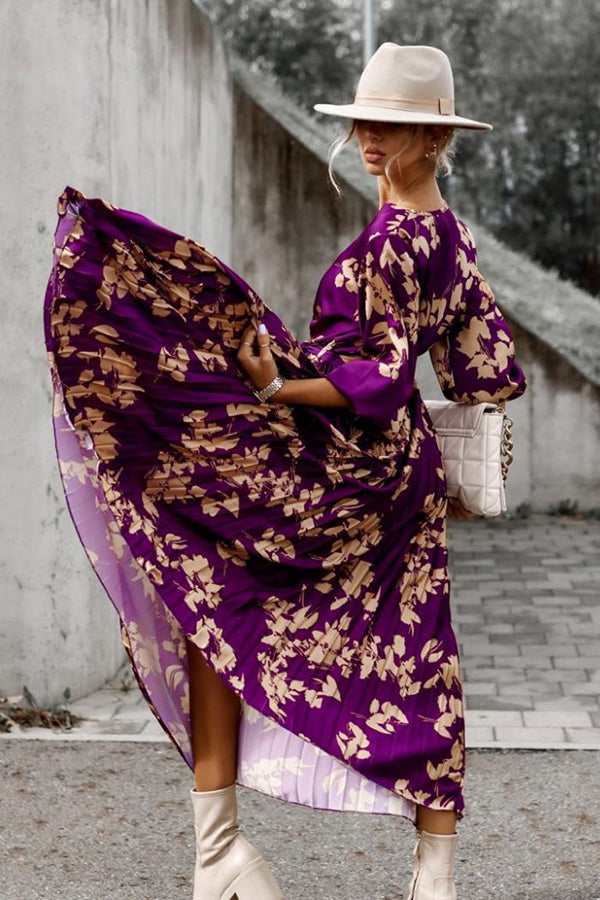 Early Sunset Floral Wrap Pleated Midi Dress