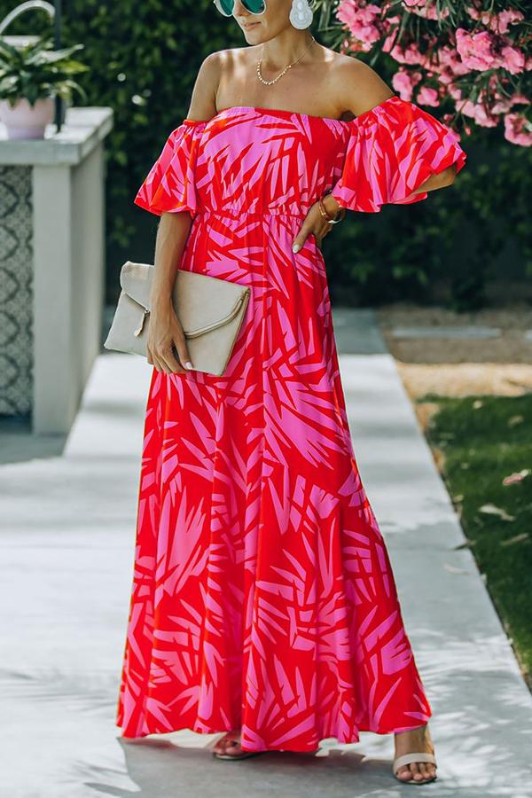 Royal Villa Palm Print Off The Shoulder Maxi Dress