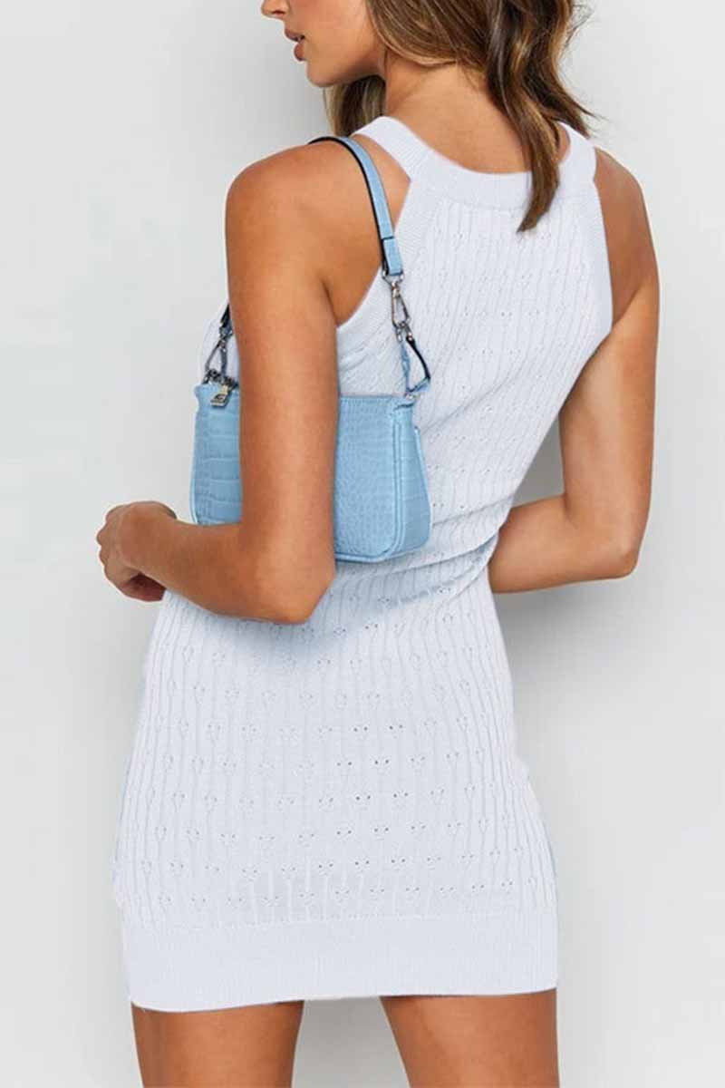 Florcoo Sexy Solid Color Sleeveless Striped Knitted Bag Hip Mini Dress