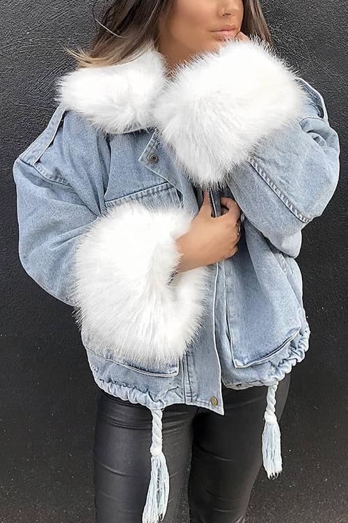 Detachable Fuzzy Faux Fur Collar Denim Coat