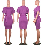 Elegant Short Sleeve Belted Fitted Midi Dress