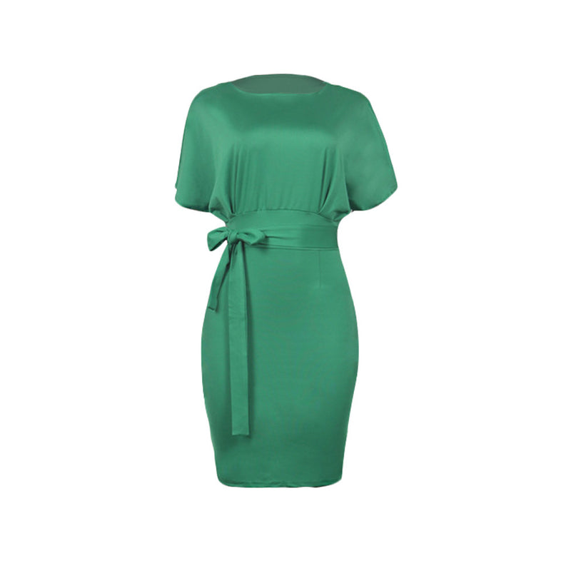 Elegant Short Sleeve Belted Fitted Midi Dress