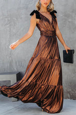 Charming Days Velvet Shoulder Tie Metallic Maxi Dress