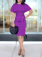 Elegant Short Sleeve Belted Fitted Midi Dress