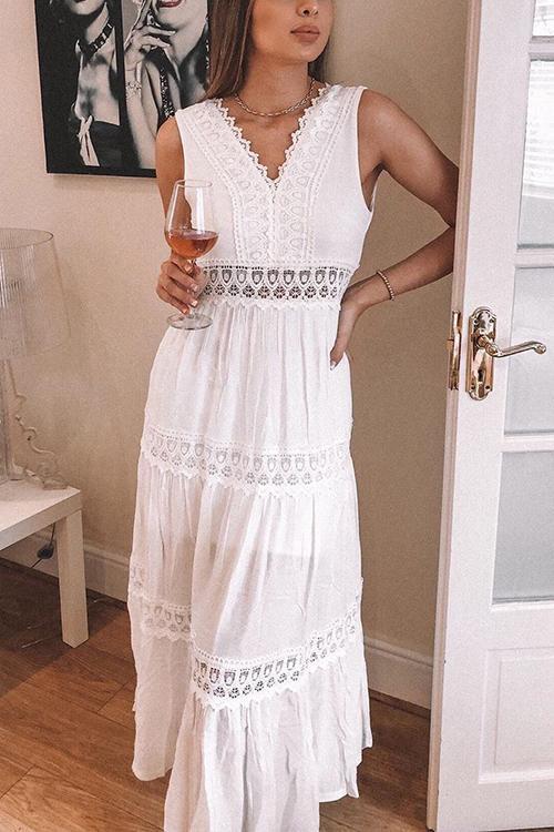 Lace V Neck Sleeveless Maxi Dress