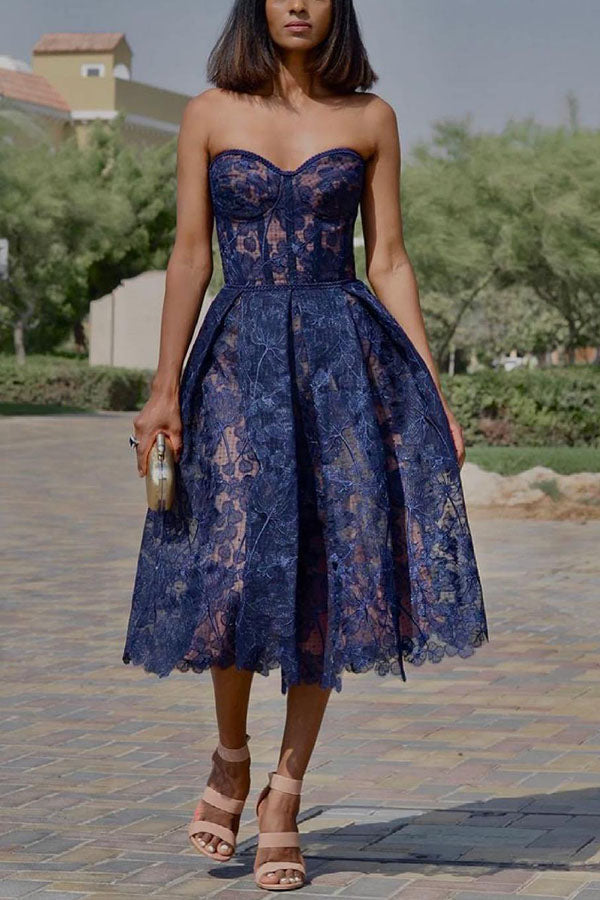 Olivia Floral Embroidered Lace Strapless Midi Dress