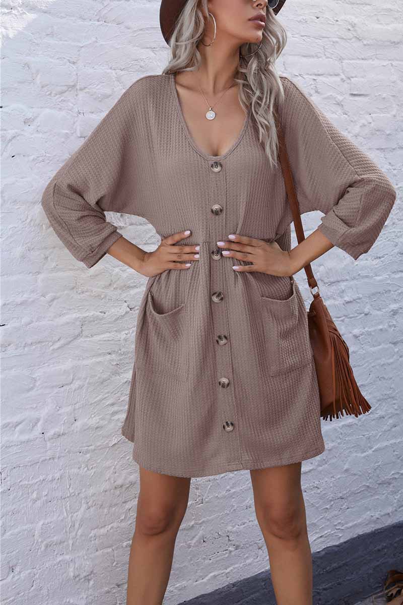 Florcoo V-Neck Buttoned Loose Knit Hem Mini Dresses