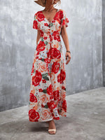 Casual Floral V Neck Short Sleeve Long Maxi Dress