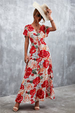 Casual Floral V Neck Short Sleeve Long Maxi Dress