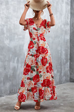 Casual Floral V Neck Short Sleeve Long Maxi Dress