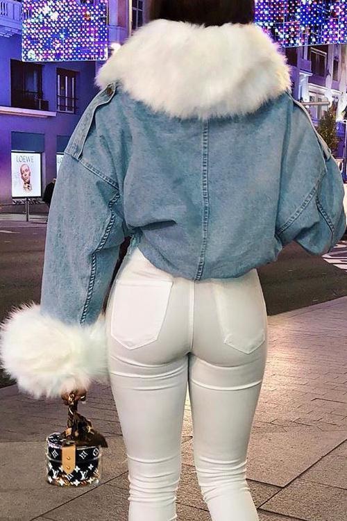 Detachable Fuzzy Faux Fur Collar Denim Coat