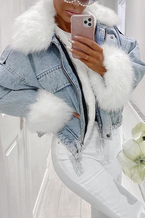 Detachable Fuzzy Faux Fur Collar Denim Coat